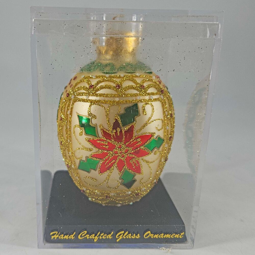 Hand Crafted Glass egg shaped Christmas Ornament red poinsettia green holly